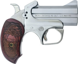 Bond Arms BAPA Patriot 45 Colt (LC)/410 Gauge 2rd 3" Stainless Steel Double Barrel & Frame w/Trigger Guard, Auto Extractors & Rebounding Hammer, Laser Engraved American Flag & Bald Eagle Rosewood Gri