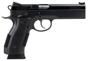 CZ-USA 91731 A01-LD Full Size Frame 9mm Luger 19+1 4.93" Black Match Grade Bull Barrel, Blued Serrated Steel Slide, Blued Steel Frame w/Beavertail, Black Checkered Polymer Grip