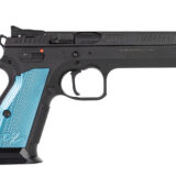 CZ-USA 91220 TS 2 9mm Luger 20+1 5.28" Blued Steel Barrel, Black Serrated Steel Slide, Black Polycoat Steel Frame w/Beavertail, Blue Checkered Aluminum Grip, Ambidextrous