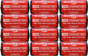 SureFire SF12ABBCS 123A Batteries Red/Black 3.0 Volts 1,550 mAh (12) Single Package Clamshell