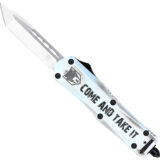CobraTec Knives SCATIFS3TNS FS-3 Come And Take It Small 3" OTF Tanto Plain Satin D2 Steel Blade, 4.50" White "Come And Take It" Aluminum Cerakoted Handle