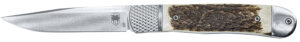 CobraTec Knives CTTHRSTG Trapper Hidden Release 3.12" Flip Open Drop Point Plain Satin D2 Steel Blade, 4.25" Stag Scales Handle