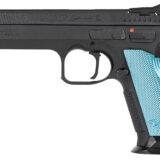 CZ-USA 01220 TS 2 9mm Luger 10+1 5.28" Black Steel Barrel, Black Nitride Serrated Slide, Black Steel Frame w/Beavertail, Blue Textured Aluminum Grip