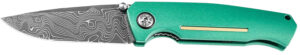 Boker 111102DAM 3.22" Drop Point Plain Damascus Blade Green Aluminum Handle