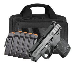 Smith & Wesson 14750 M&P Shield Plus Bundle Micro-Compact 9mm Luger 13+1, 3.10" Black Armornite Stainless Steel Barrel & Serrated Slide, Matte Black Polymer Frame, Thumb Safety, 6 Mags & Bag