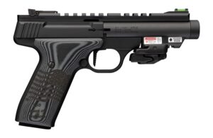 Browning 051612490 Buck Mark Black Label 250 SR 22 LR 10+1 4.40" Matte Black Threaded Bull Barrel, Matte Black Aluminum Frame w/Picatinny Rail Top & Bottom, Black G10 Grip w/ Inscribed Waving Flag, Cr