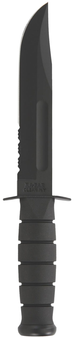 Ka-Bar 1212 Fighting/Utility  7" Fixed Clip Point Part Serrated Black 1095 Cro-Van Blade, Black Kraton G Handle, Includes Sheath