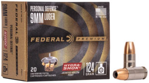 Federal P9HS1 Premium Personal Defense 9mmLuger 124gr Hydra-Shok Jacketed Hollow Point 20 Per Box/25 Case