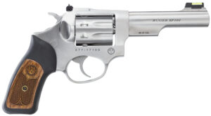 Ruger 5765 SP101 22 LR 8rd 4.20" Satin Stainless Steel Barrel, Cylinder & Frame, Black Rubber w/Wood Insert Grip, Transfer Bar Safety, Exposed Hammer