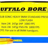 Buffalo Bore Ammunition 24I20 Subsonic Strictly Business 9mmLuger Subsonic 147gr Jacketed Hollow Point 20 Per Box/12 Case