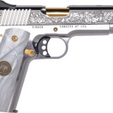 Cnc Firearms CNCPATRIA Kimber 1911 Patria 38 Super 9+1 Gold Plated PVD Barrel, Polished Stainless Steel Engraved/Serrated Slide, Stainless w/Gold Accents Frame, Pearl Grip